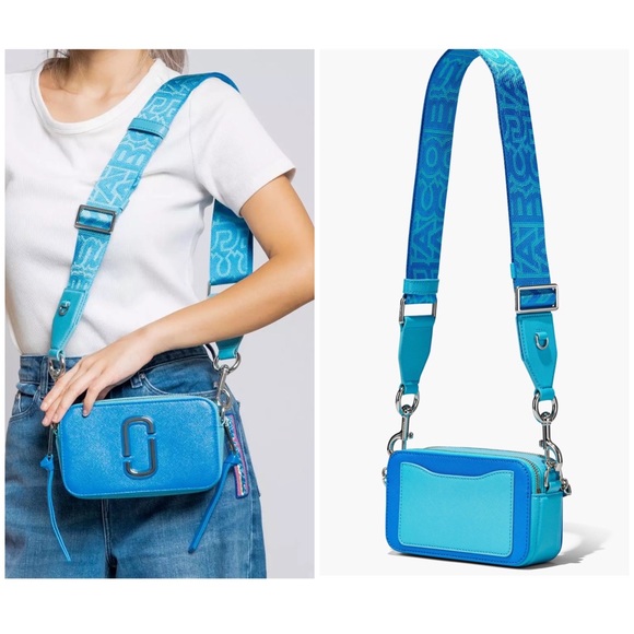 $325 NWT Marc Jacobs Blue Leather Webbing Strap Snapshot Camera Crossbody Bag - Picture 2 of 12
